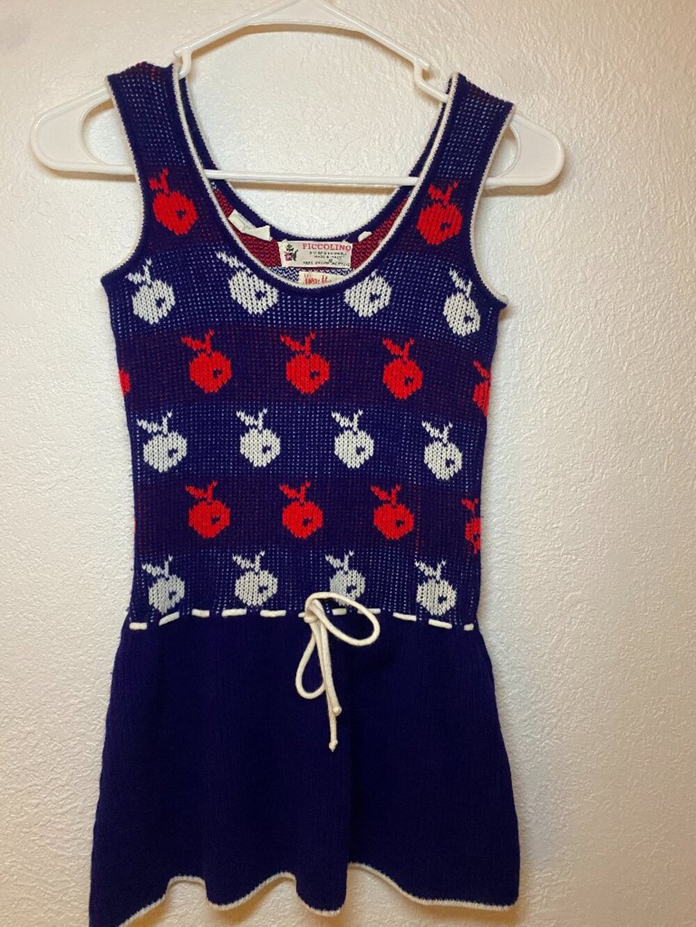 Vintage Piccolino Gino Paoli Girls Knit Romper Dress Apple Print Navy Size 6X